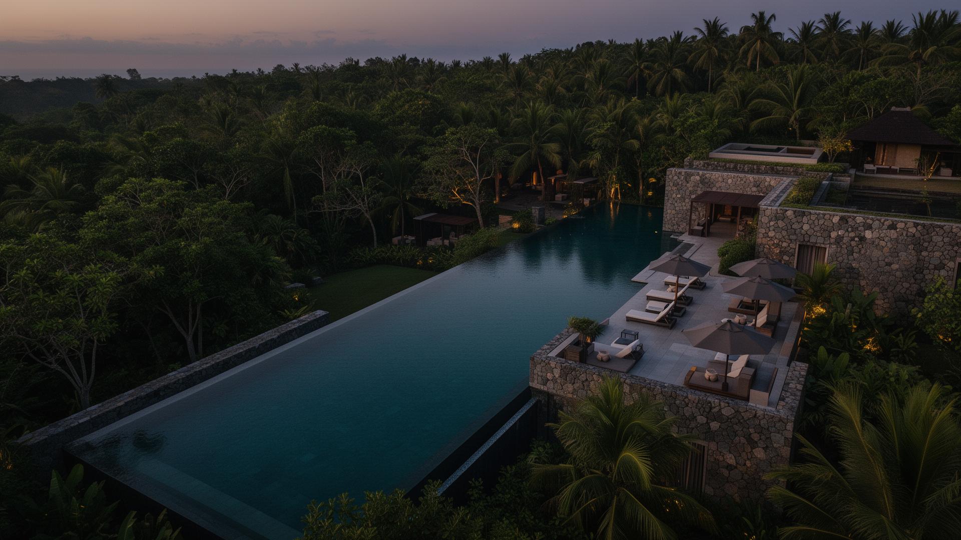 Aerial dusk view of a luxury wellness resort